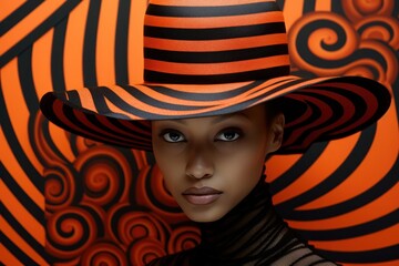 An artistic portrait of a vibrant girl wearing an orange headdress, her head adorned with a unique hat that exudes personality and adds a touch of wildness to her overall look