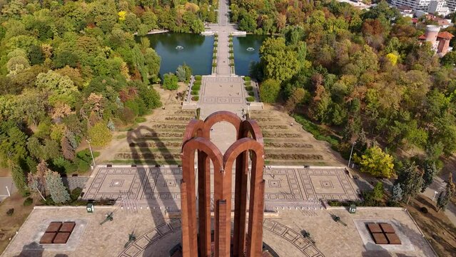 Slow Aerial Reveal Of The Carol Park Mausoleum In Bucharest, Romania