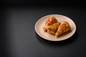 Delicious cabbage rolls with meat, rice, salt, spices and herbs