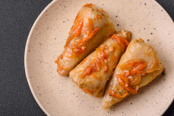 Delicious cabbage rolls with meat, rice, salt, spices and herbs