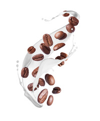 Falling coffee beans in splashes of milk isolated on a white background
