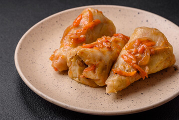 Delicious cabbage rolls with meat, rice, salt, spices and herbs
