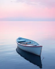 Fotobehang Reflectie As the sky blazes with the colors of sunrise, a solitary boat glides across the calm water, reflecting the stunning landscape and carrying its passengers on a wild journey through the untamed beauty 
