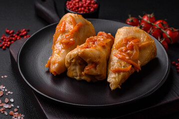 Delicious cabbage rolls with meat, rice, salt, spices and herbs