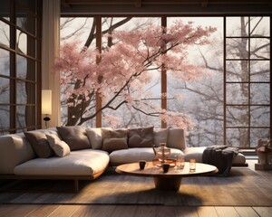 A cozy indoor space with plush couches and a sleek coffee table, adorned with vibrant flowers in a delicate vase, inviting natural light from the window, accented by a loveseat against the wall, all 