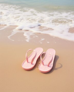 Amidst the golden sand and crashing waves, a pair of vibrant pink flip flops lay abandoned, their journey through the great outdoors coming to a peaceful end on the tranquil beach