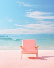 Fototapeta na wymiar A whimsical pink chair rests upon the sandy beach, inviting you to sink into its soft cushions and gaze at the endless expanse of sky and ocean beyond