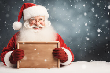 Smiling Santa Claus pointing on blank advertisement banner background with copy space