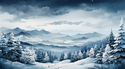 winter landscape with snow, snow covered trees and mountains, realistic winter background wallpaper