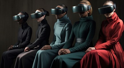 A diverse group of individuals, adorned in stylish attire, immersed in a virtual world as they explore new dimensions and push the boundaries of human connection and perception