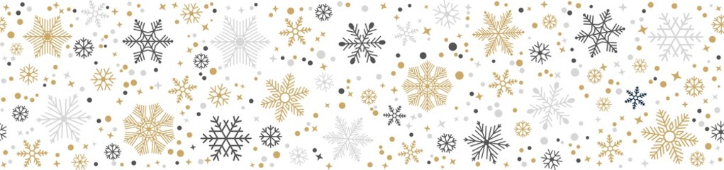 Christmas and Happy New Year snowflake seamless border, festive ornate style repeat backdrop with grey and gold snowflake and star confetti isolated on transparent background, png transparent,