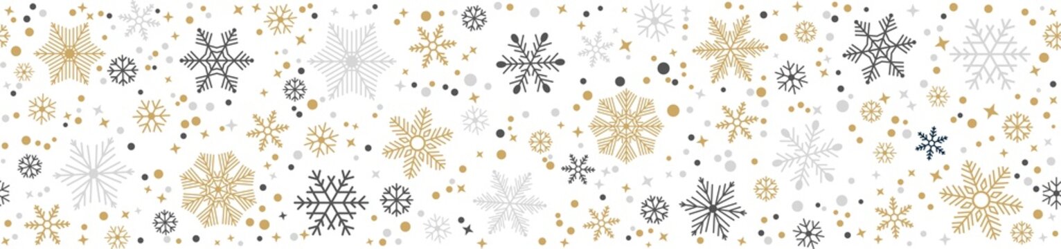 Christmas and Happy New Year snowflake seamless border, festive ornate style repeat backdrop with grey and gold snowflake and star confetti isolated on transparent background, png transparent,