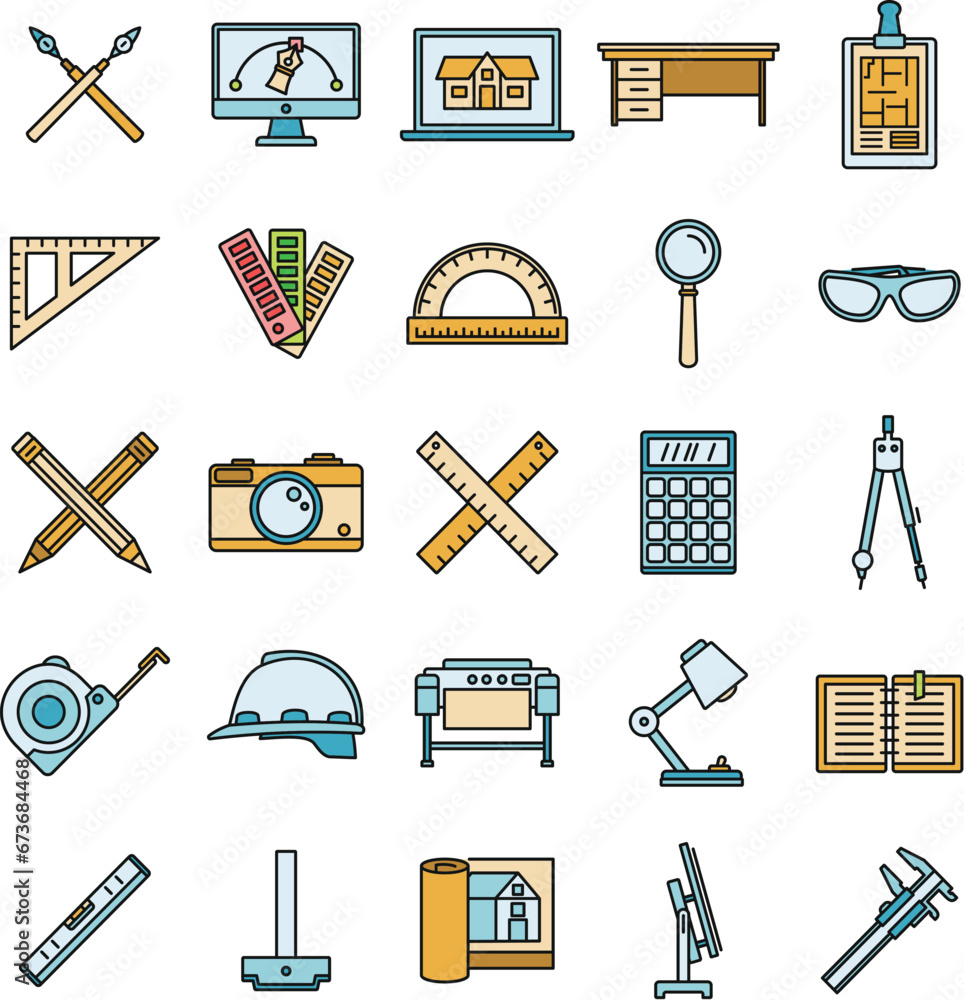 Poster architect material tool icons set. outline set of architect material tool vector icons thin line col