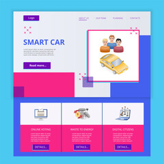 Car sharing flat landing page website template. Online voting, waste to energy, digital citizens. Web banner with header, content and footer. Vector illustration.