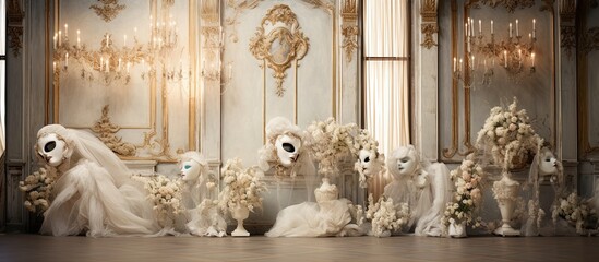 Venetian masks on display in a Venetian carnival hall