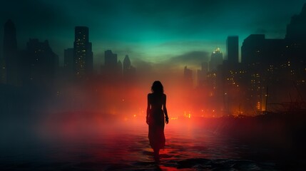 woman in neon city lights