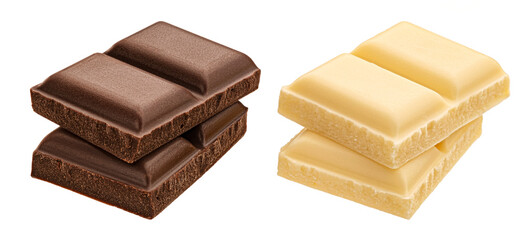 Dark and white milk chocolate pieces isolated, full depth of field