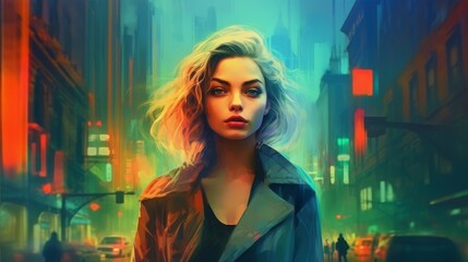 woman in neon city lights