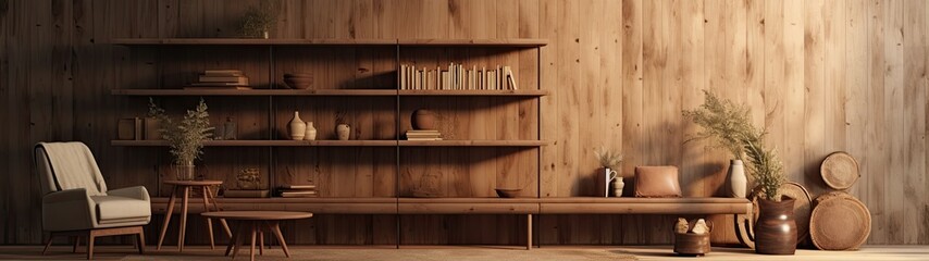 Fototapeta na wymiar Banner with chestnut wood composition in warm and earthy tones, bookcase and armchair, relaxation