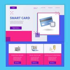 Smart card flat landing page website template. Rover food delivery, online healthcare, water quality monitoring. Web banner with header, content and footer. Vector illustration.