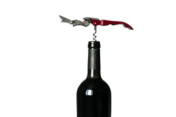 Corkscrew screwed into the cork of a bottle of red wine
