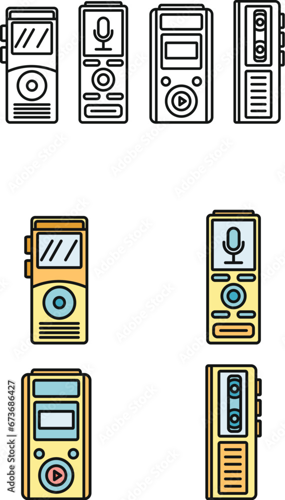Poster modern dictaphone icons set. outline set of modern dictaphone vector icons thin line color flat on w