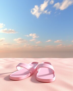 A pair of vibrant pink sandals dances across the sandy beach, leaving footprints in the warm ground while the fluffy clouds and endless sky watch in envy, their flipflop-shaped shadows playing in the