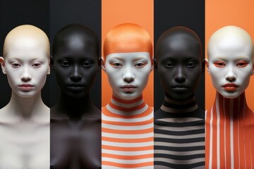 A diverse group of women, ranging in skin tones, gather around a mannequin display of a human doll inside an indoor art exhibit, representing the beauty and uniqueness of all individuals