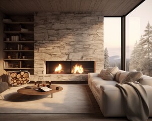 Fototapeta premium Cozy comfort envelops the grand stone hearth, beckoning to gather around the crackling fire in this inviting indoor den with plush couch and elegant furniture adorning the walls of this warm and styl