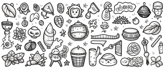 New Year themed lucky charms hand drawn line drawing illustration on white background
