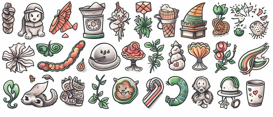 New Year themed lucky charms hand drawn line drawing illustration on white background