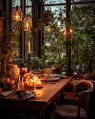 Christmas table setting with candles. AI generated art illustration.