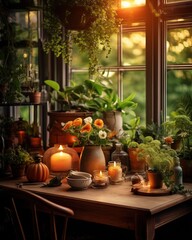 Christmas table setting with candles. AI generated art illustration.