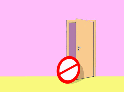 Forbidden sign on open door against pink background
