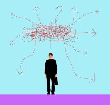 Businessman standing under tangled arrows against blue background