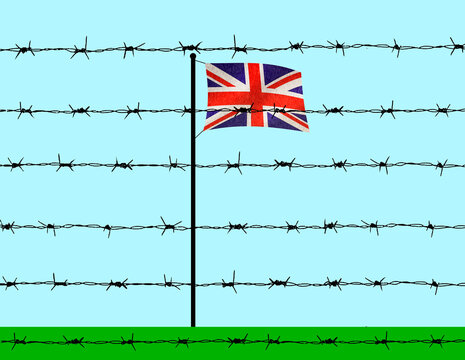British flag behind barbed wire under blue sky
