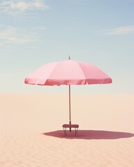 A lone pink umbrella stands tall in the shifting sands of the beach, its vibrant hue a stark contrast against the serene sky and scattered clouds, beckoning to be lifted and carried away on an advent