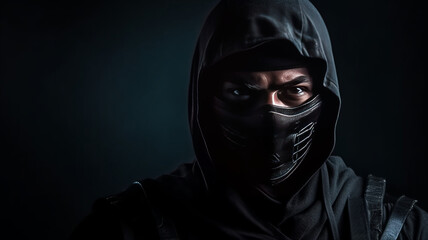 Fototapeta na wymiar Assassin ninja in black clothes on dark background