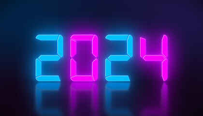 Illustration of an LED display in blue and magenta with the new year 2024 on a reflective floor - represents the new year 2024 - holiday concept.