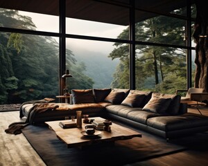 A cozy living room with floor-to-ceiling windows, a plush couch and loveseat, surrounded by lush indoor plants, inviting the outside in for a harmonious blend of comfort and nature