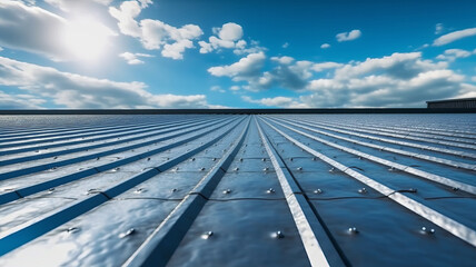 Roof metal sheet with blue sky with clouds.