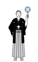 不正解を示す×の棒を持つ紋付袴姿のシニア男性、お正月の初詣や結婚式で