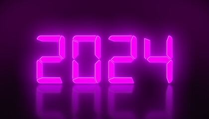 Illustration of an LED display in magenta with the new year 2024 on a reflective floor - represents the new year 2024 - holiday concept.