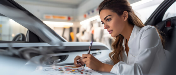 Professional female car designer working in a clean white studio