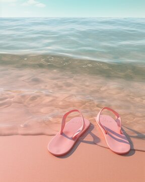 Soft pink flip flops dance on the sandy shore, embracing the salty ocean breeze and grounding themselves in the wild beauty of the beach