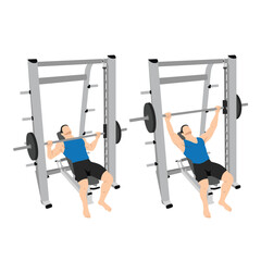Fototapeta na wymiar Man doing smith machine incline bench press exercise. Flat vector illustration isolated on white background
