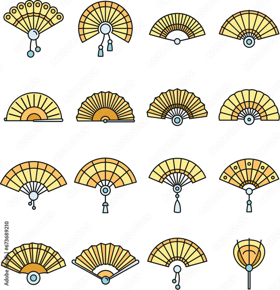 Poster paper handheld fan icons set. outline set of paper handheld fan vector icons thin line color flat on