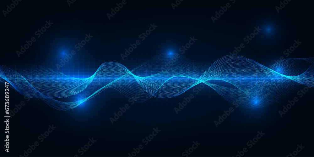 Poster abstract futuristic digital technology background with glowing waveform wireframe net and grid horiz