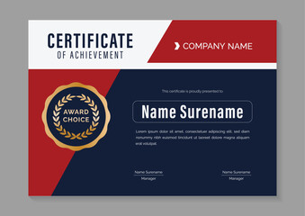 red and blue minimalist horizontal certificate of achievement design template with gold badge