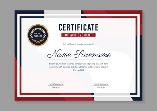 red and blue minimalist horizontal certificate of achievement design template with gold badge